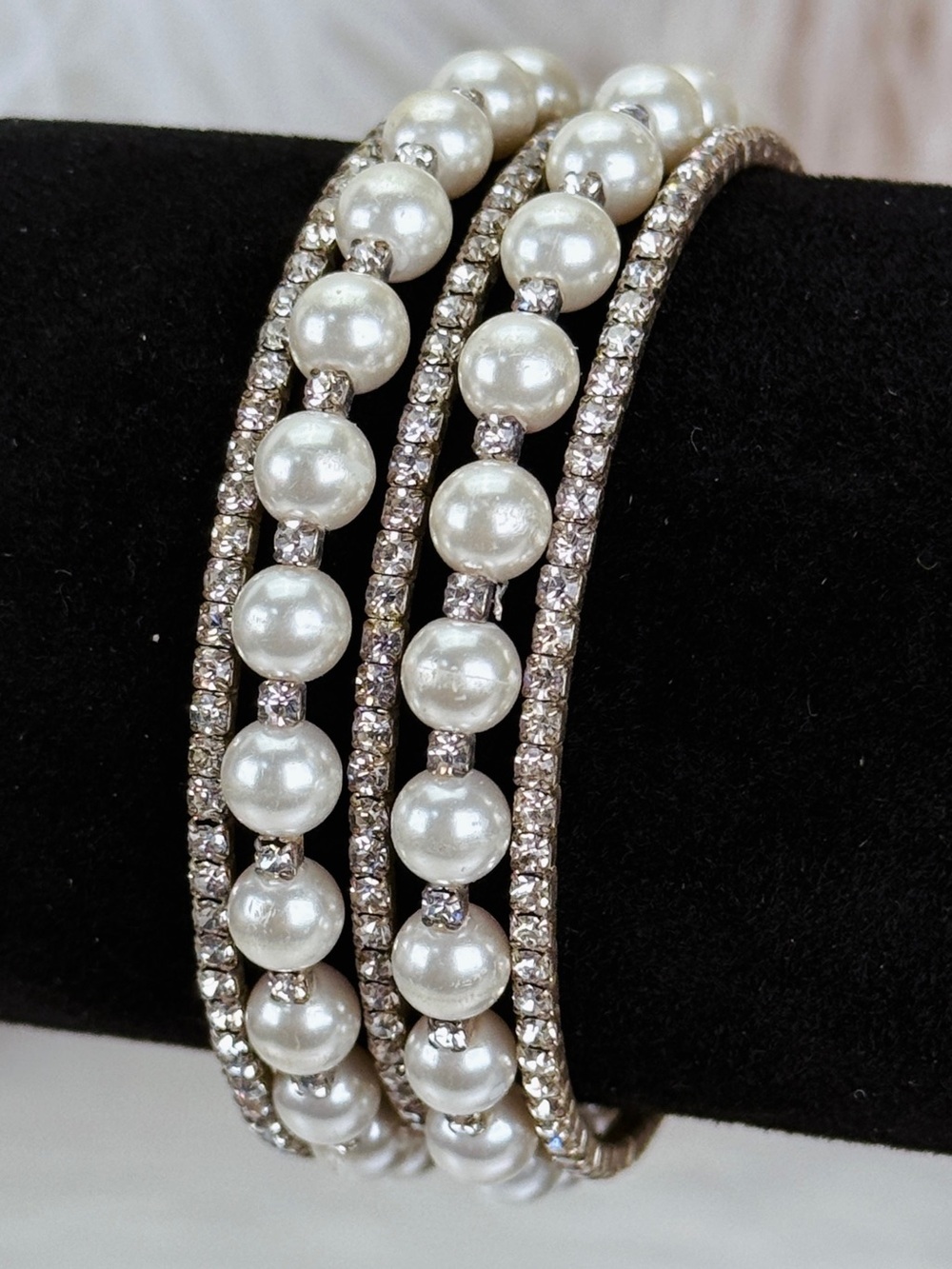 Faux pearl crystal accent adjustable wrap bracelet